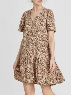 a new day Tan Leopard V‑Neck Swing Mini Dress